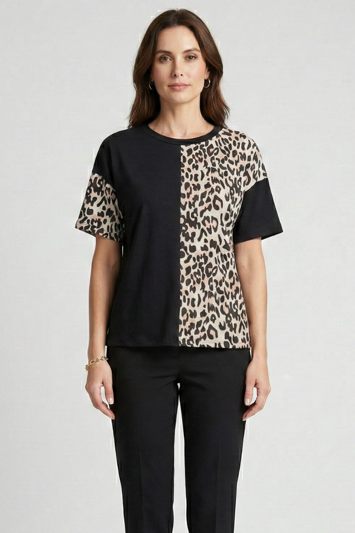 Women’s T-Shirt with Leopard Panel and Short Sleeves