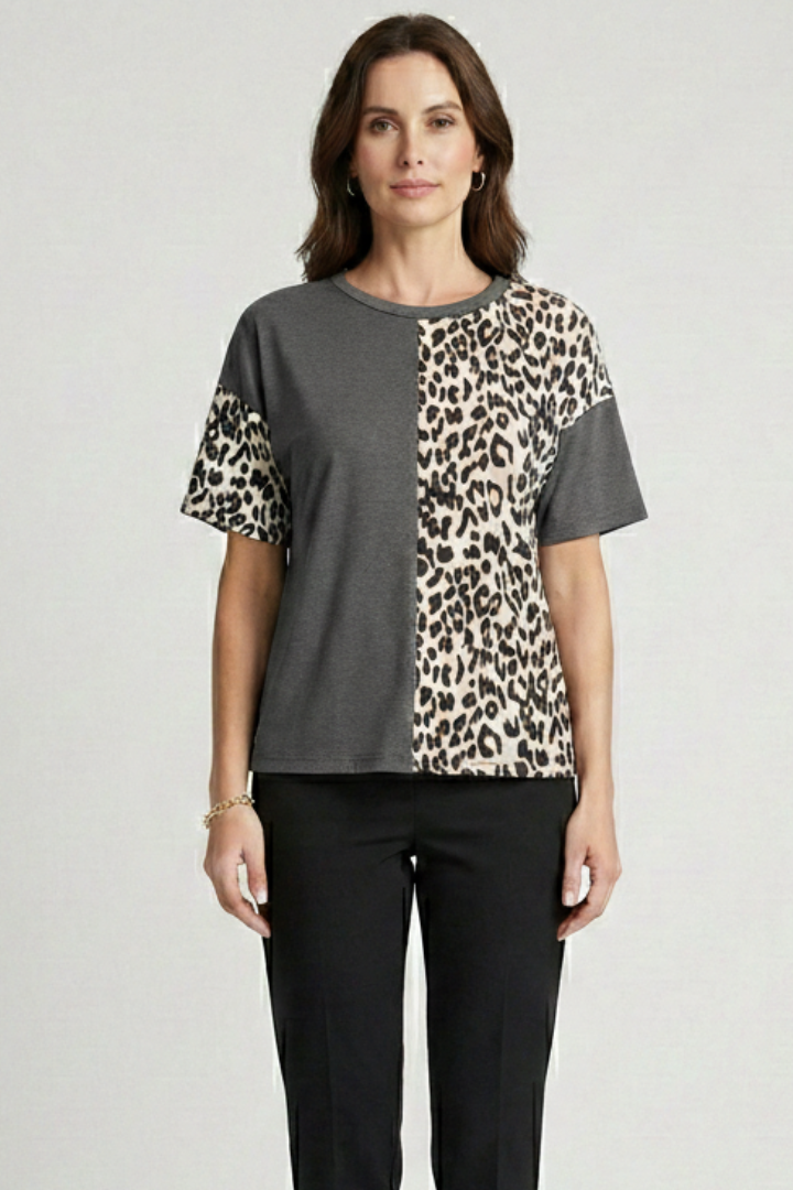 Women’s T-Shirt with Leopard Panel and Short Sleeves