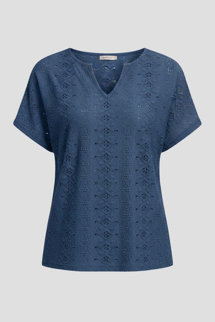 Women’s T-Shirt with Notched Neckline and Eyelet Surface