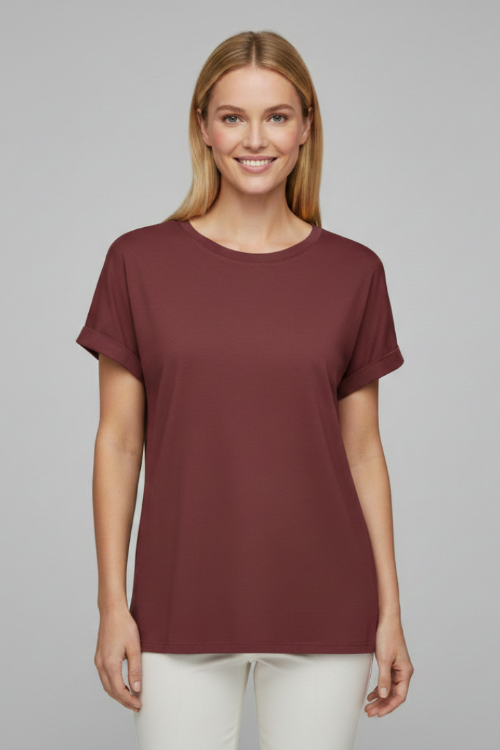 Women’s T-Shirt with Round Neckline and Cuffed Sleeves