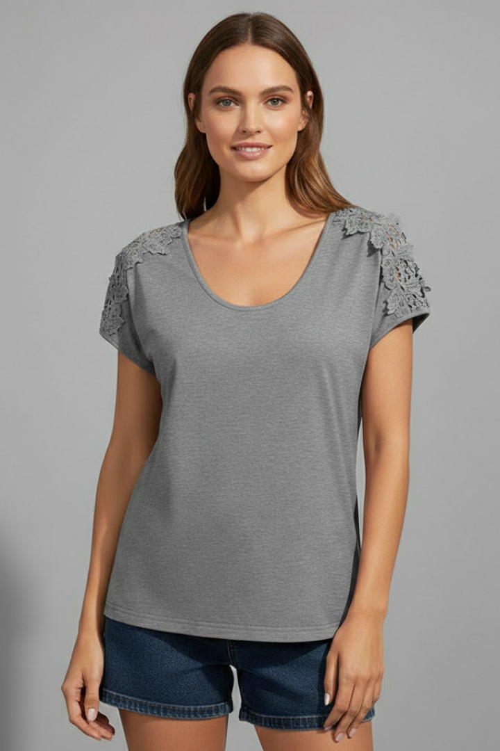 Women’s T-Shirt with Round Neckline and Lace Shoulders