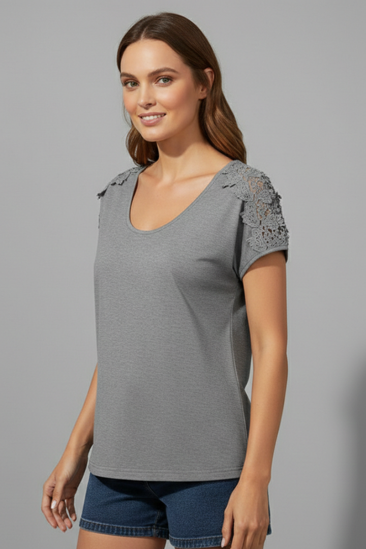 Women’s T-Shirt with Round Neckline and Lace Shoulders