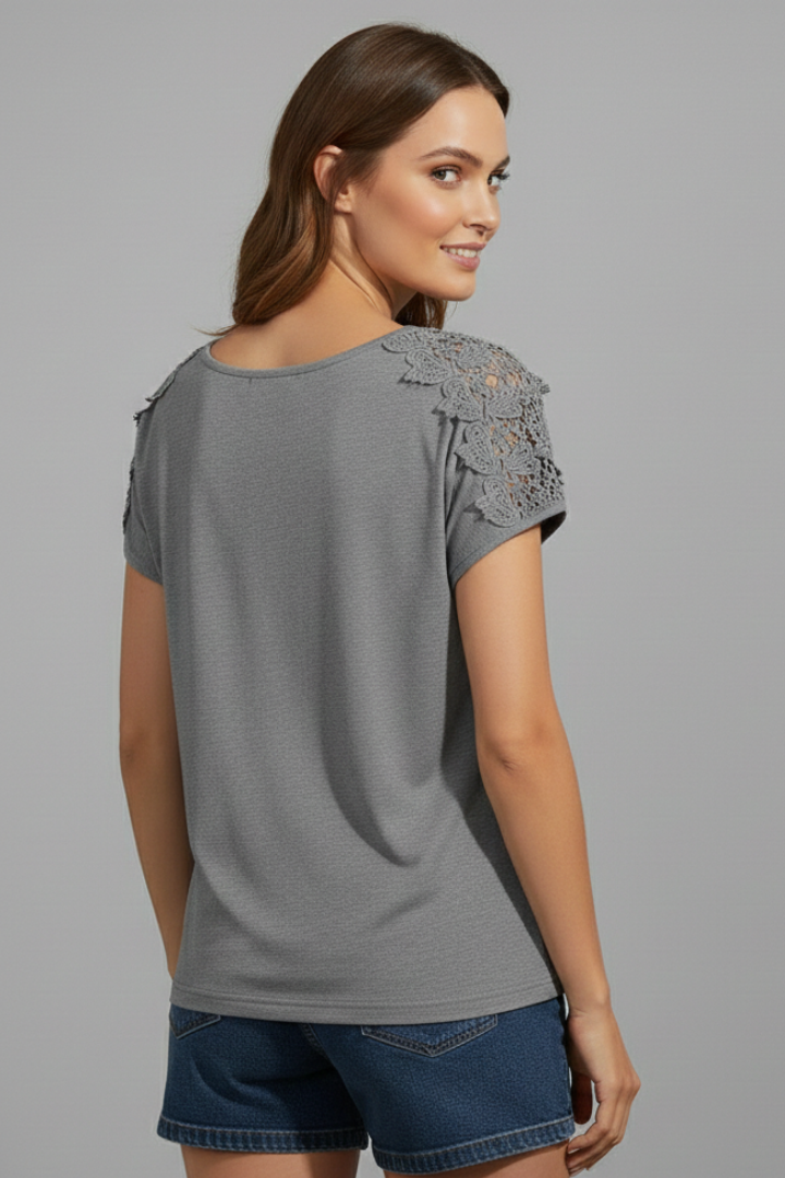 Women’s T-Shirt with Round Neckline and Lace Shoulders