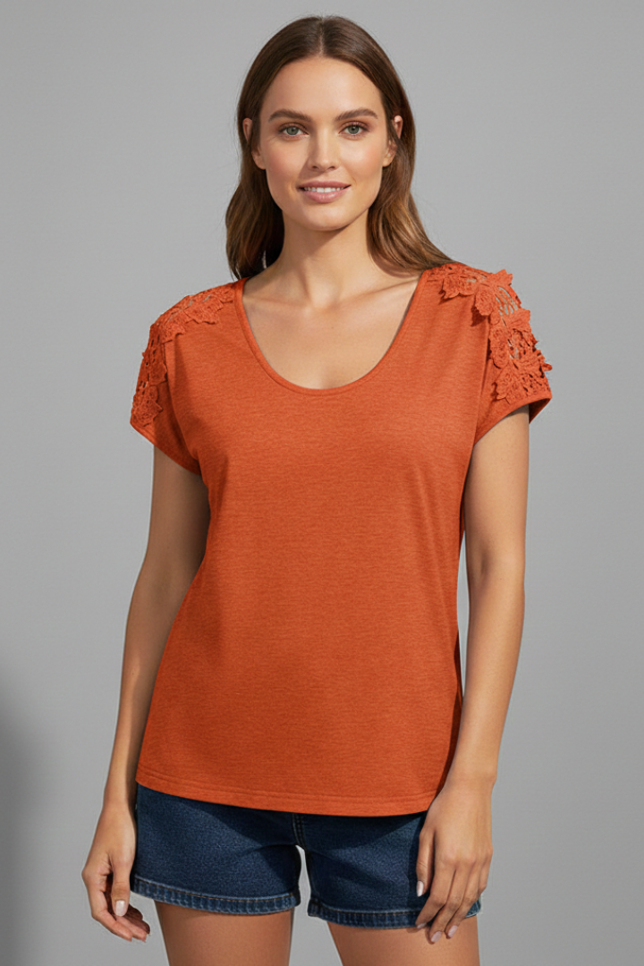 Women’s T-Shirt with Round Neckline and Lace Shoulders