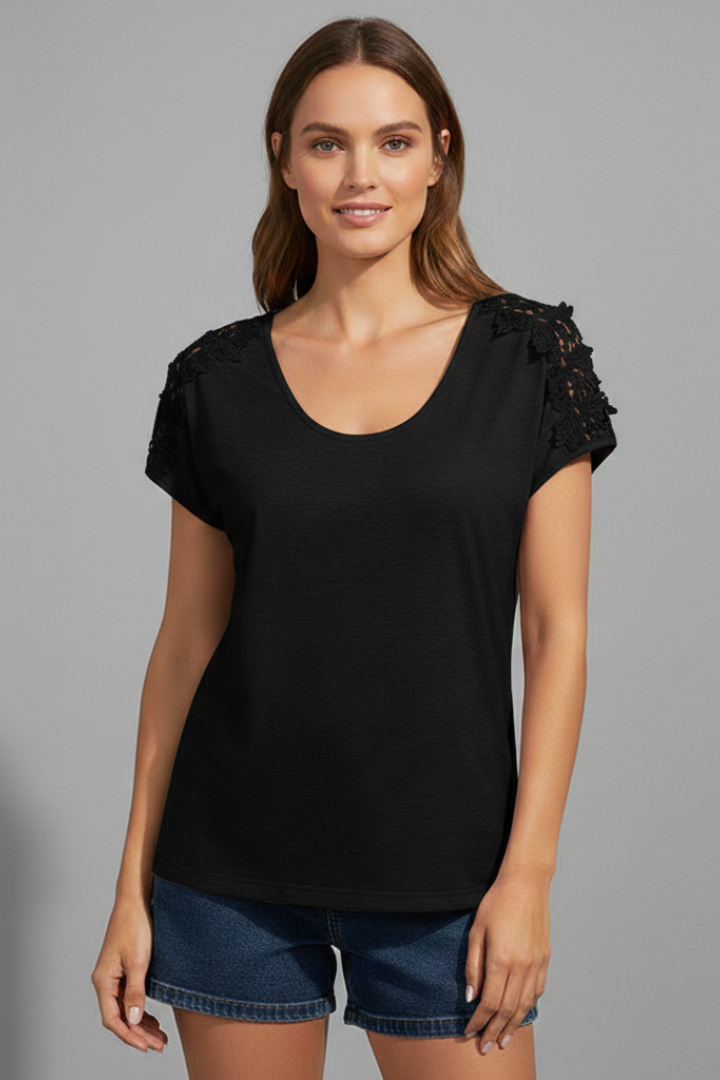 Women’s T-Shirt with Round Neckline and Lace Shoulders