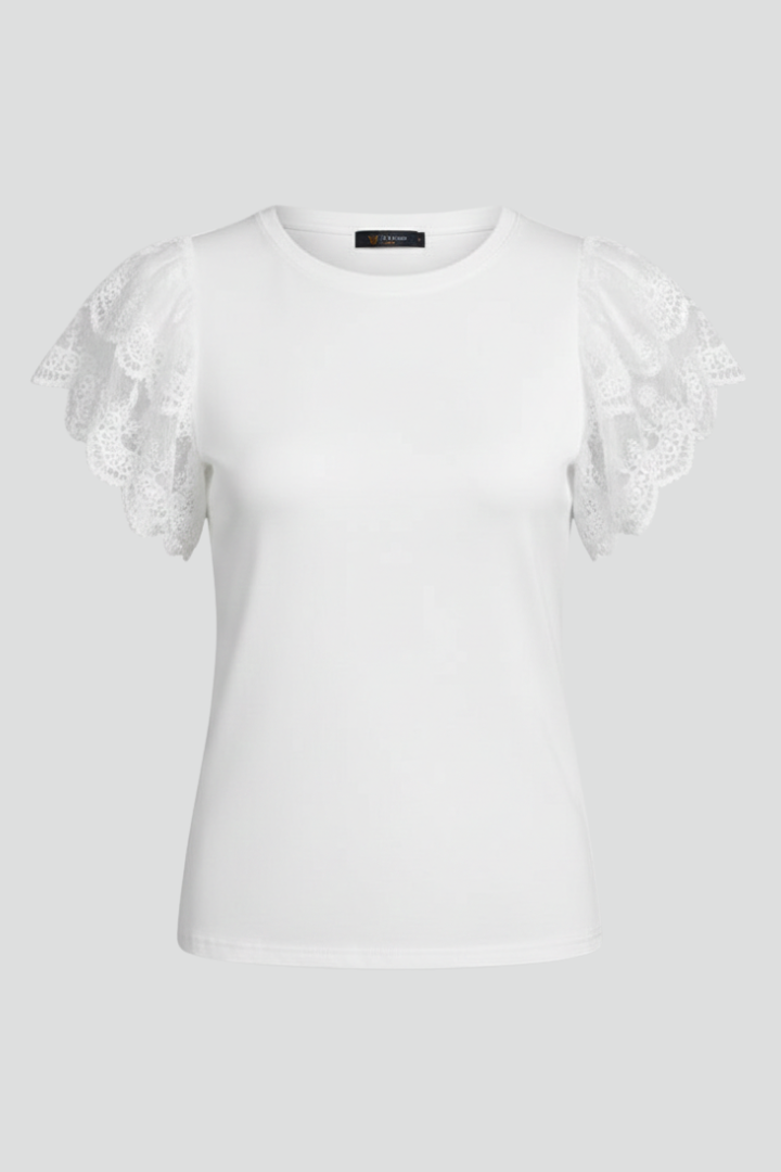 Women’s T-Shirt with Round Neckline and Lace Sleeves