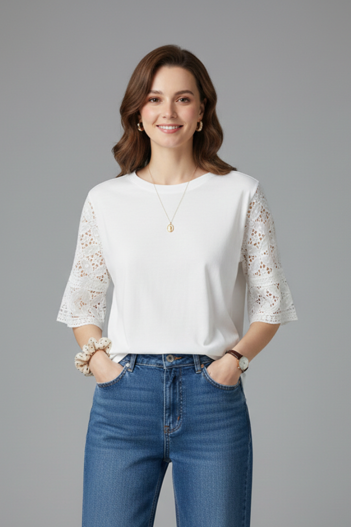 Women’s T-Shirt with Round Neckline and Lace Trim