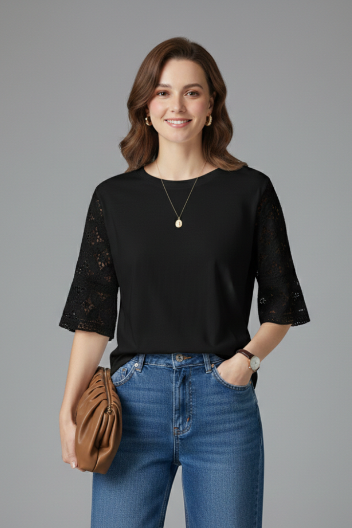 Women’s T-Shirt with Round Neckline and Lace Trim