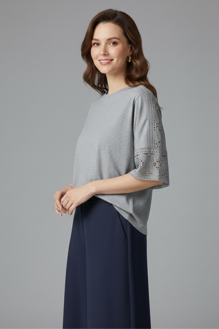 Women’s T-Shirt with Round Neckline and Lace Trim