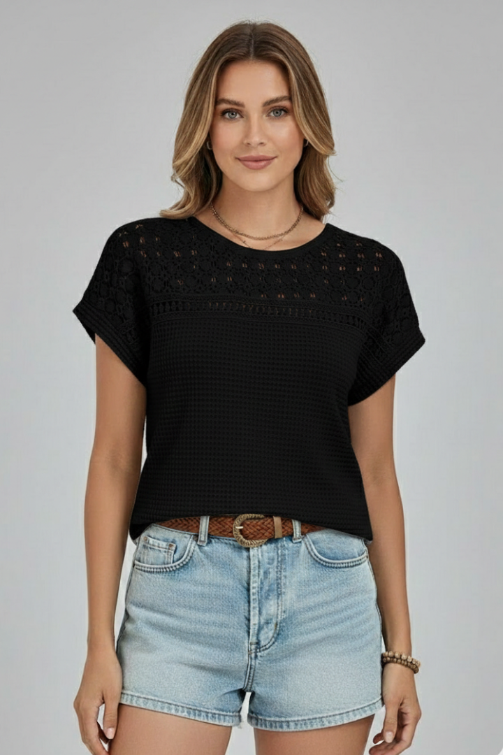 Women’s T-Shirt with Round Neckline and Openwork Surface