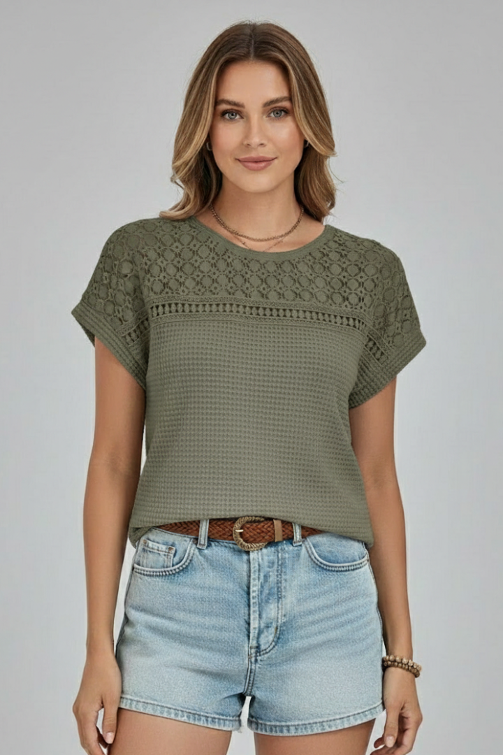 Women’s T-Shirt with Round Neckline and Openwork Surface