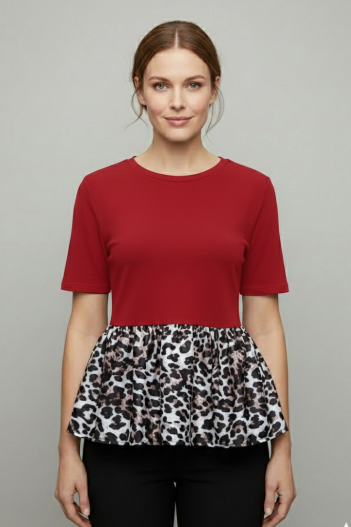 Women’s T-Shirt with Round Neckline and Peplum Hem