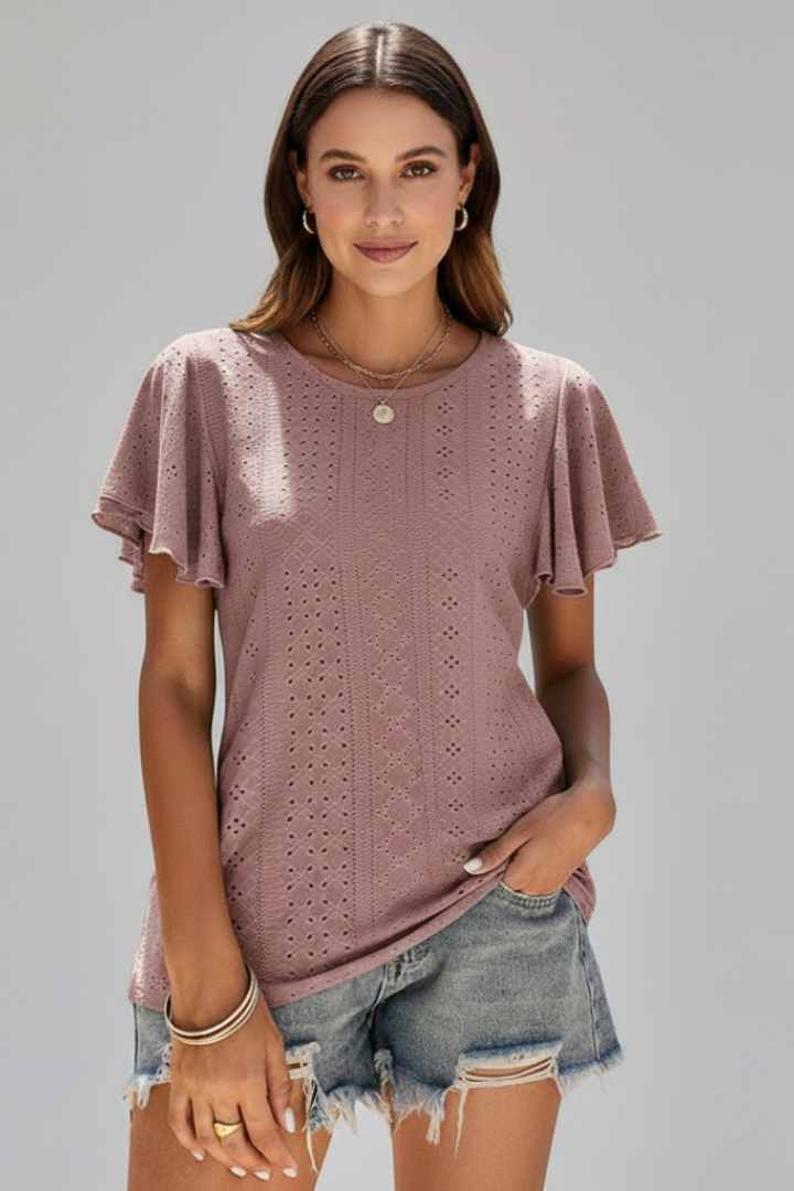 Women’s T-Shirt with Round Neckline and Ruffle Sleeves