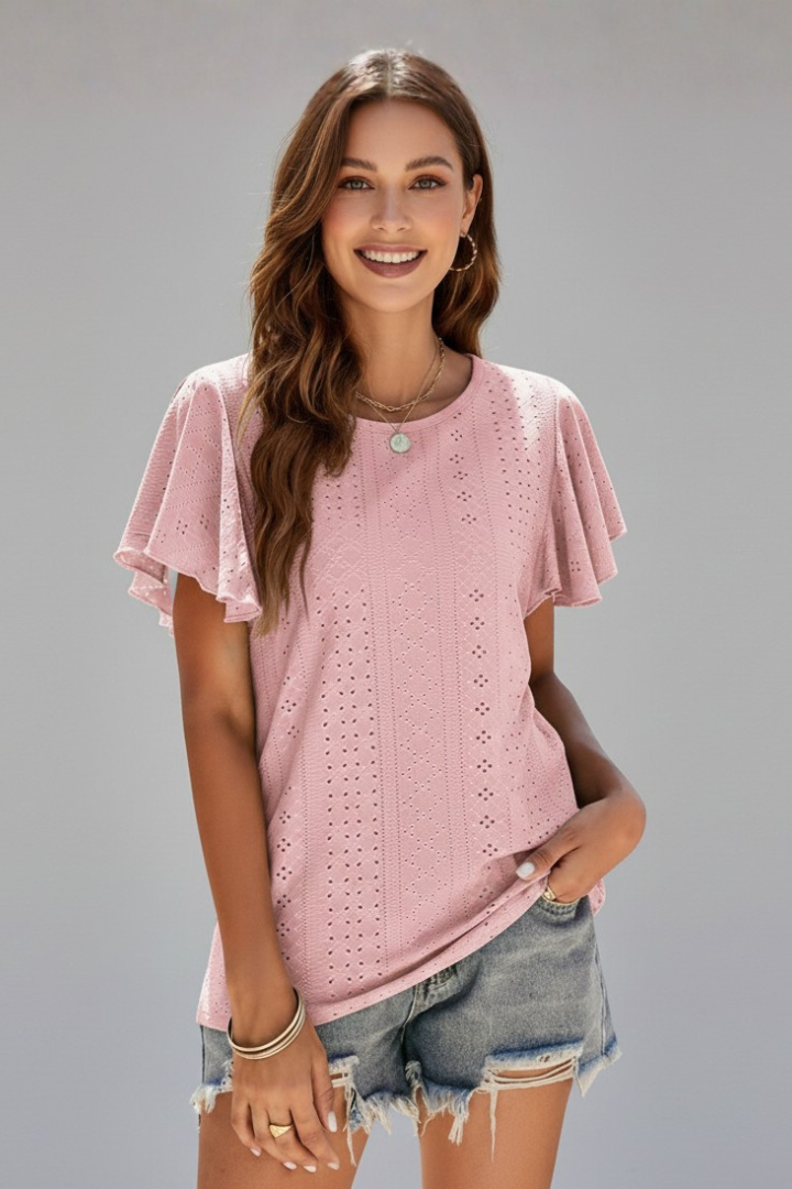 Women’s T-Shirt with Round Neckline and Ruffle Sleeves