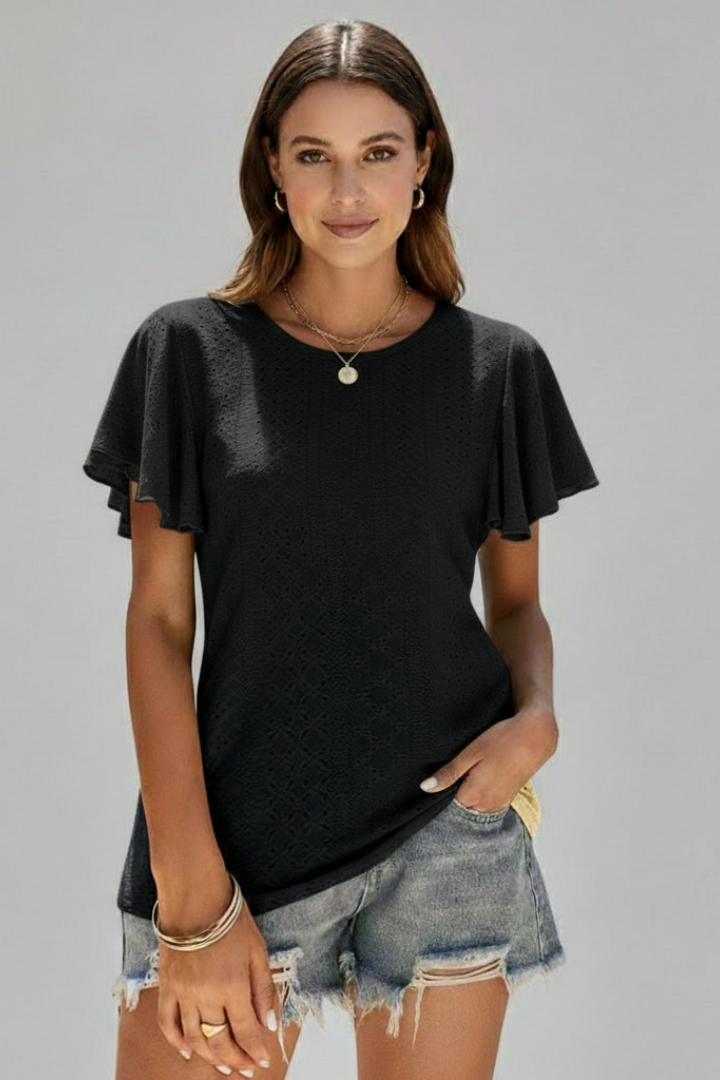 Women’s T-Shirt with Round Neckline and Ruffle Sleeves