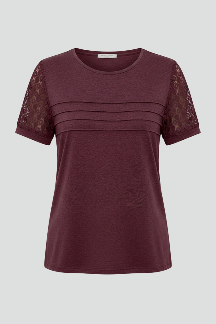Women’s T-Shirt with Round Neckline and Textured Sleeves