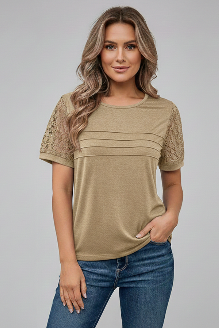 Women’s T-Shirt with Round Neckline and Textured Sleeves