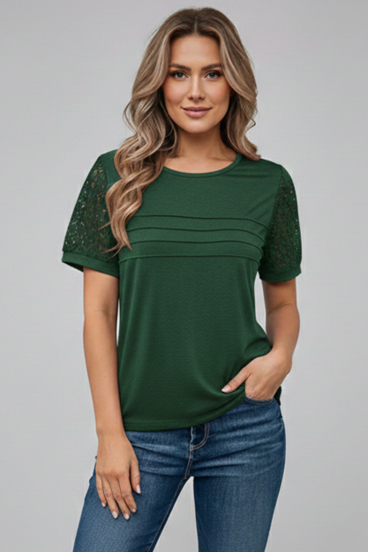 Women’s T-Shirt with Round Neckline and Textured Sleeves