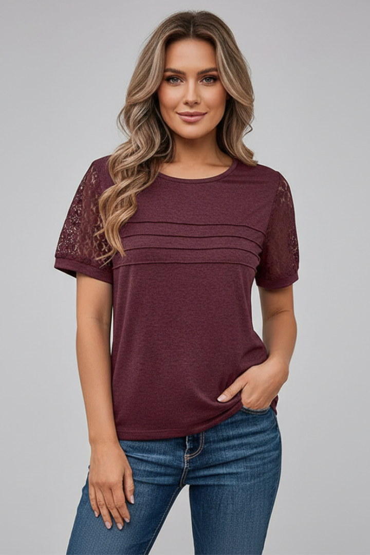 Women’s T-Shirt with Round Neckline and Textured Sleeves