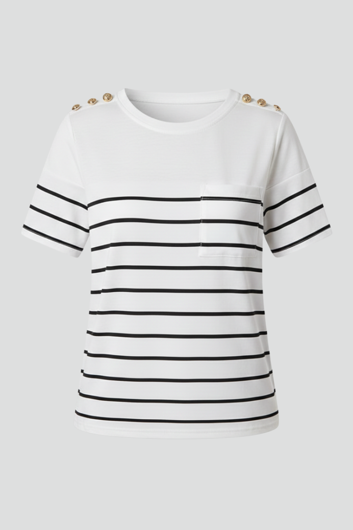 Women’s T-Shirt with Stripe Pattern and Shoulder Buttons