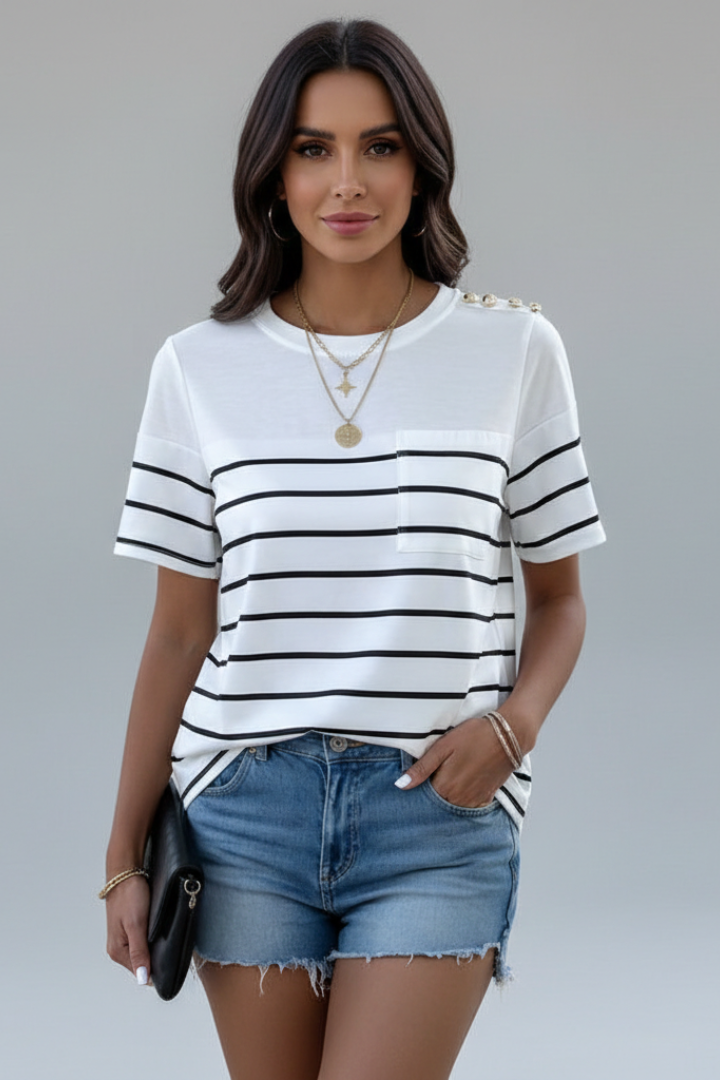 Women’s T-Shirt with Stripe Pattern and Shoulder Buttons