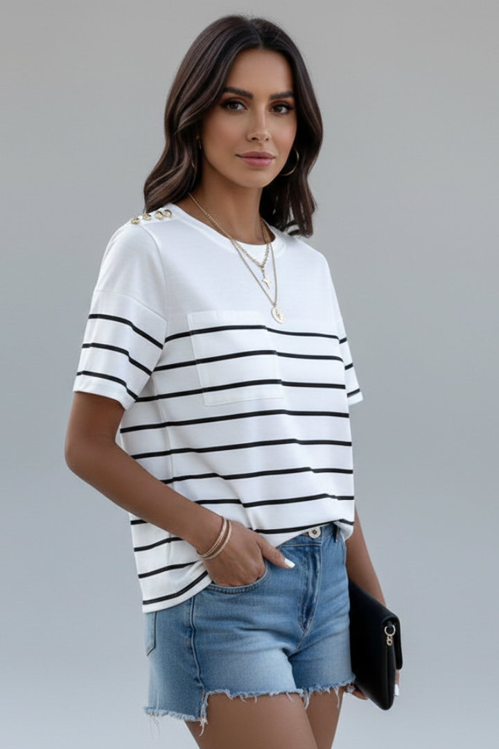 Women’s T-Shirt with Stripe Pattern and Shoulder Buttons