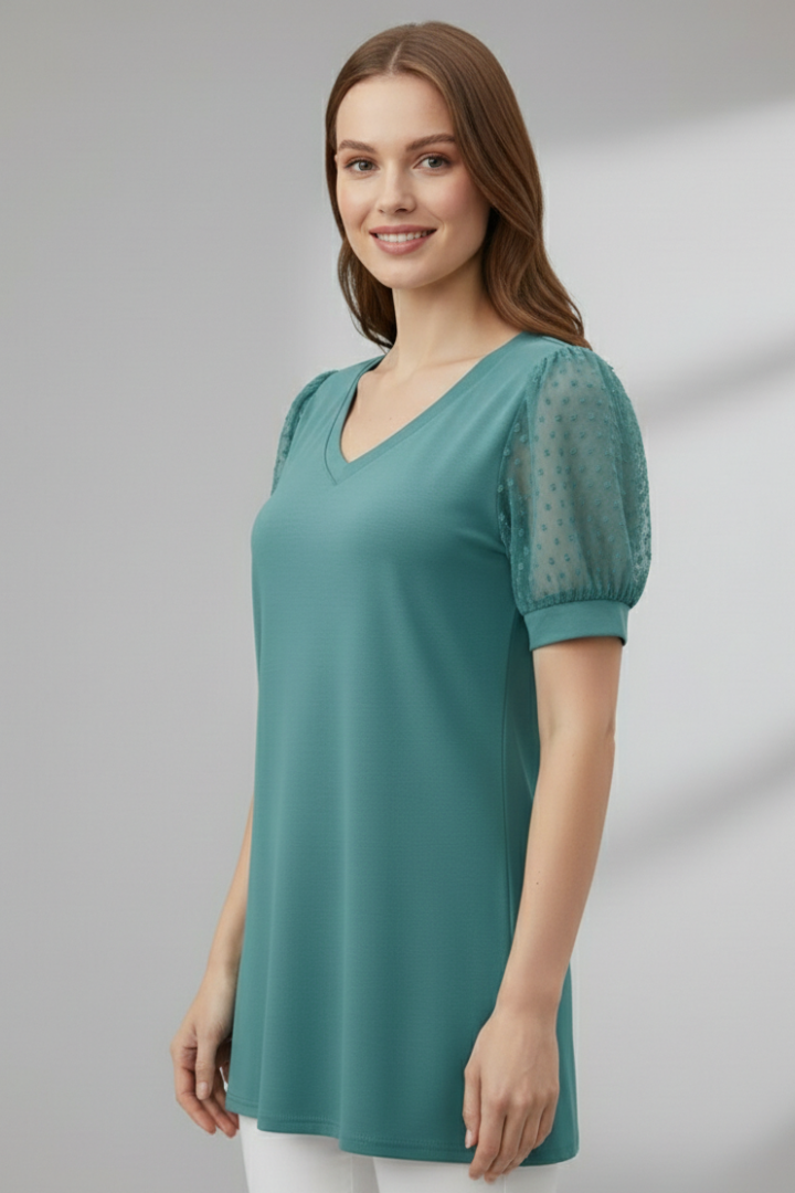 Women’s T-Shirt with V Neck and Puff Sleeves