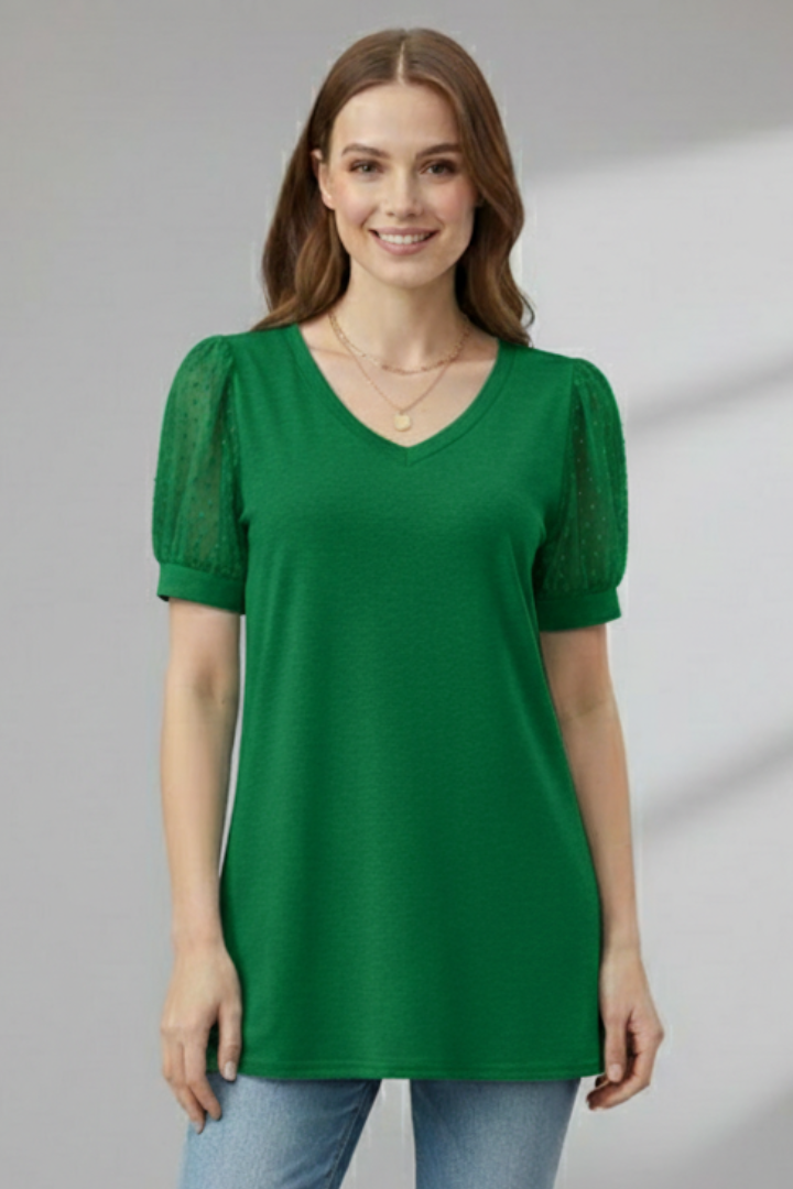 Women’s T-Shirt with V Neck and Puff Sleeves