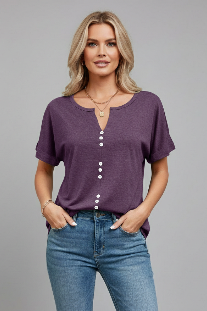 Women’s T-Shirt with V Neckline and Button Placket