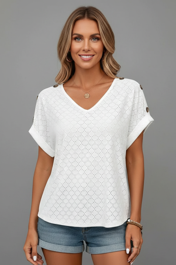 Women’s T-Shirt with V Neckline and Eyelet Surface
