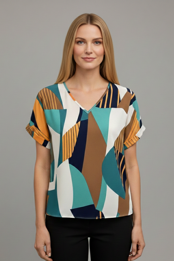Women’s T-Shirt with V Neckline and Geometric Surface