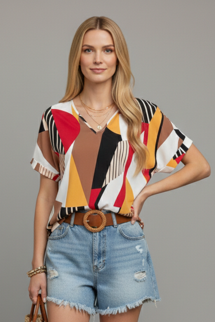 Women’s T-Shirt with V Neckline and Geometric Surface