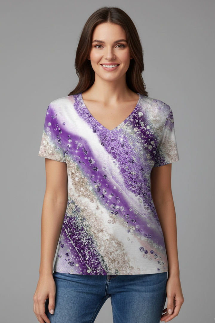 Women’s T-Shirt with V Neckline and Printed Surface