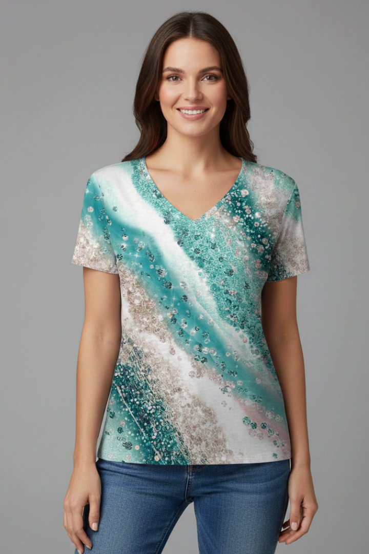 Women’s T-Shirt with V Neckline and Printed Surface