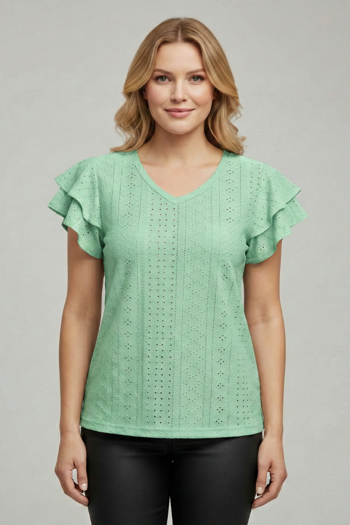 Women’s T-Shirt with V Neckline and Ruffle Sleeves