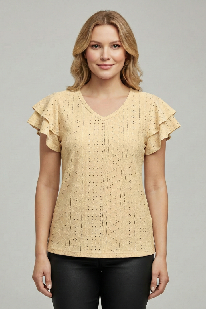 Women’s T-Shirt with V Neckline and Ruffle Sleeves