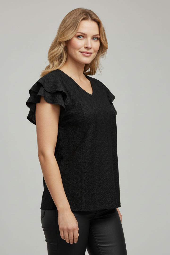 Women’s T-Shirt with V Neckline and Ruffle Sleeves