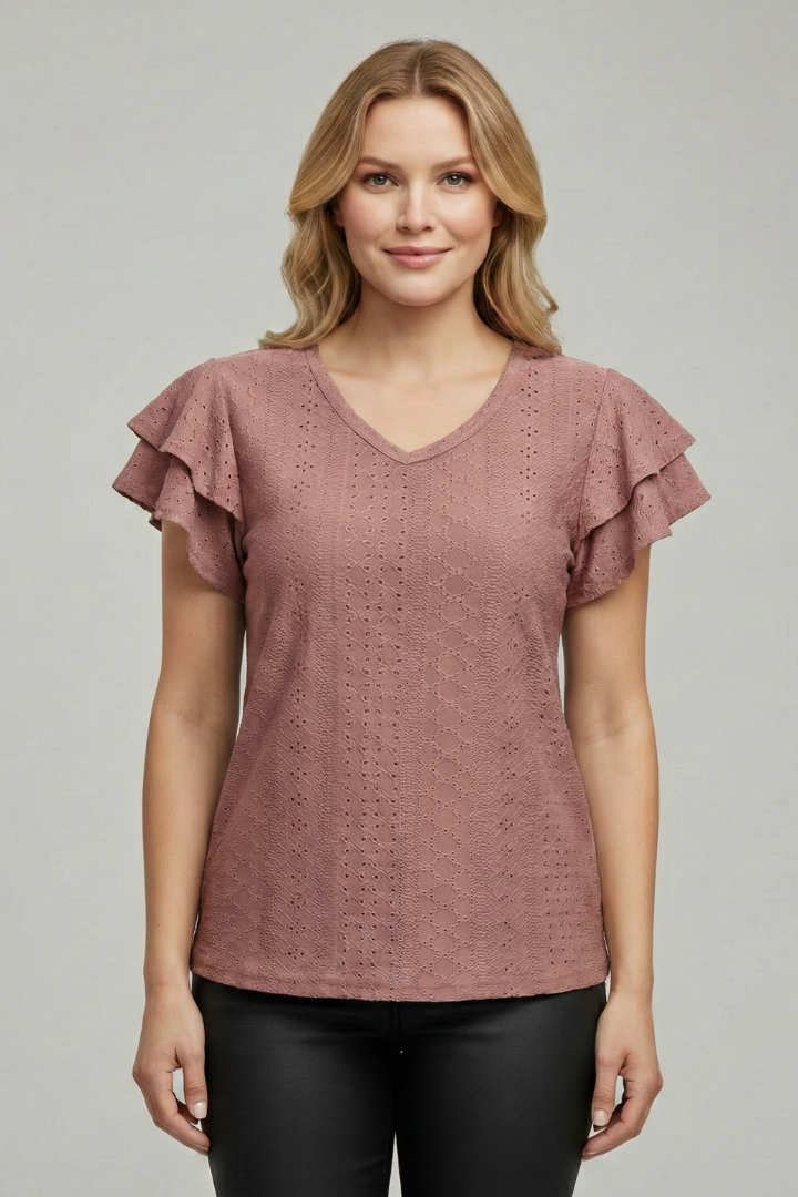 Women’s T-Shirt with V Neckline and Ruffle Sleeves