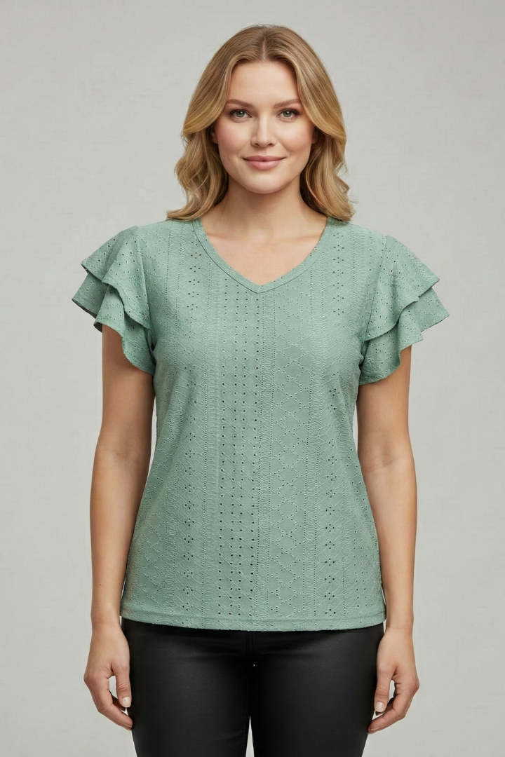 Women’s T-Shirt with V Neckline and Ruffle Sleeves