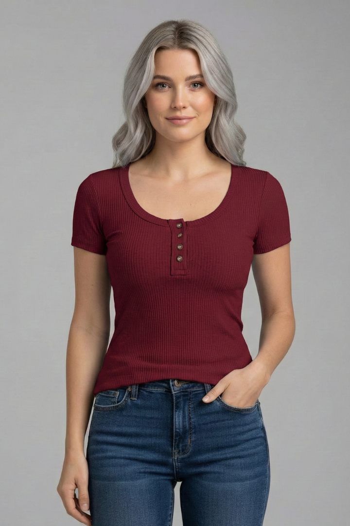 Women’s T-shirt with Round Neckline and Button Detail