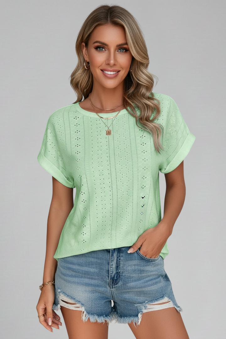 Women’s T-shirt with Round Neckline and Eyelet Pattern