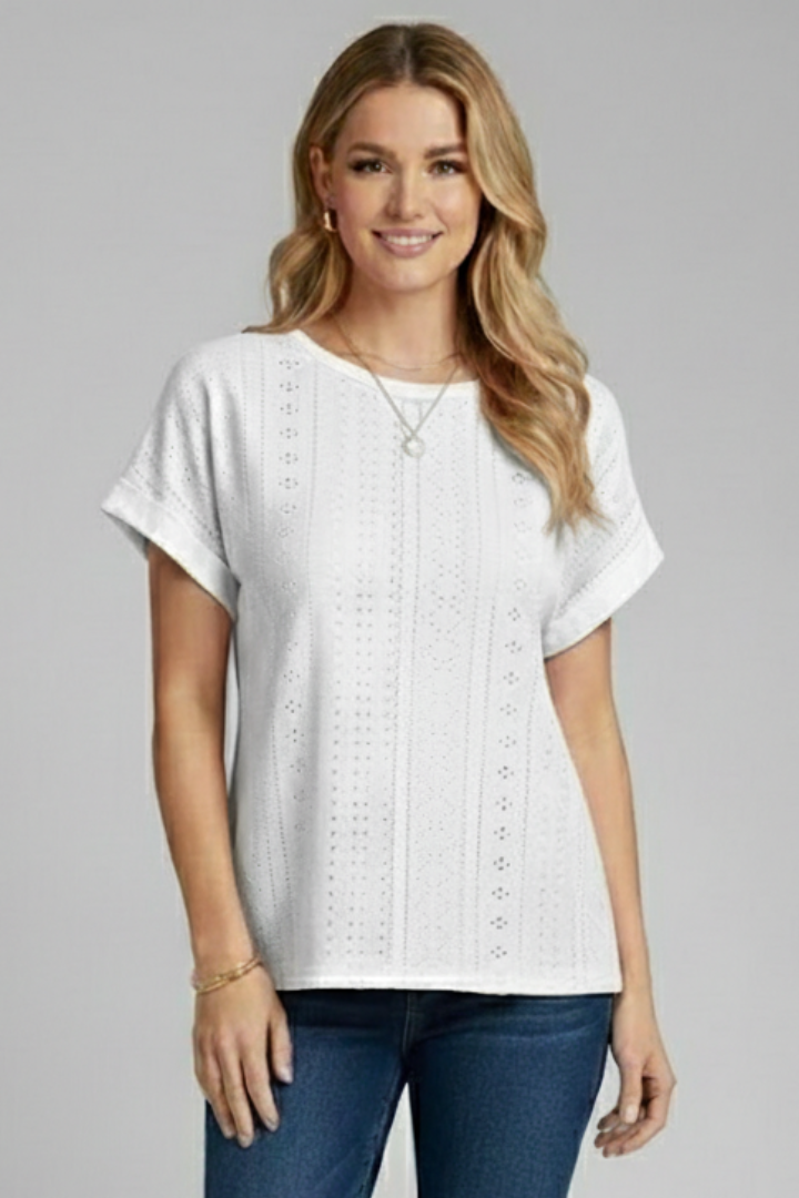 Women’s T-shirt with Round Neckline and Eyelet Pattern
