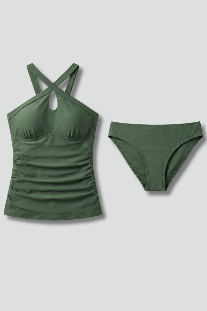 Women’s Tankini Set with Cross Neck and Ruched Front