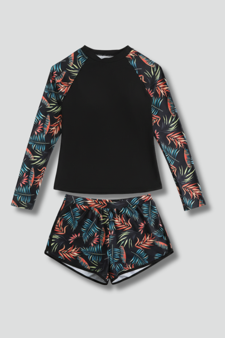 Women’s Tankini Swimsuit with Long Sleeves and Printed Shorts