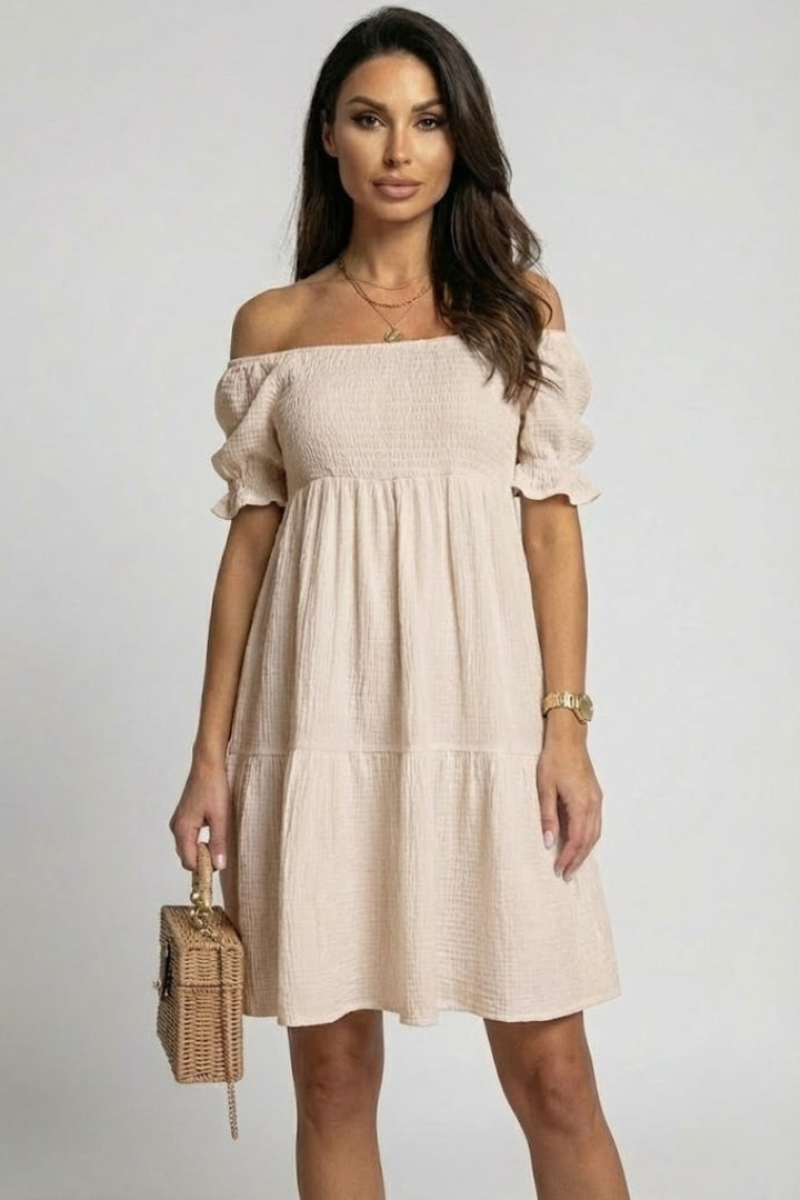 Women’s Tiered Off Shoulder Dress with Long Gathered Sleeves