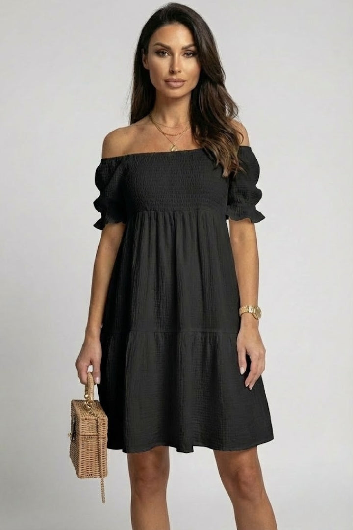 Women’s Tiered Off Shoulder Dress with Long Gathered Sleeves
