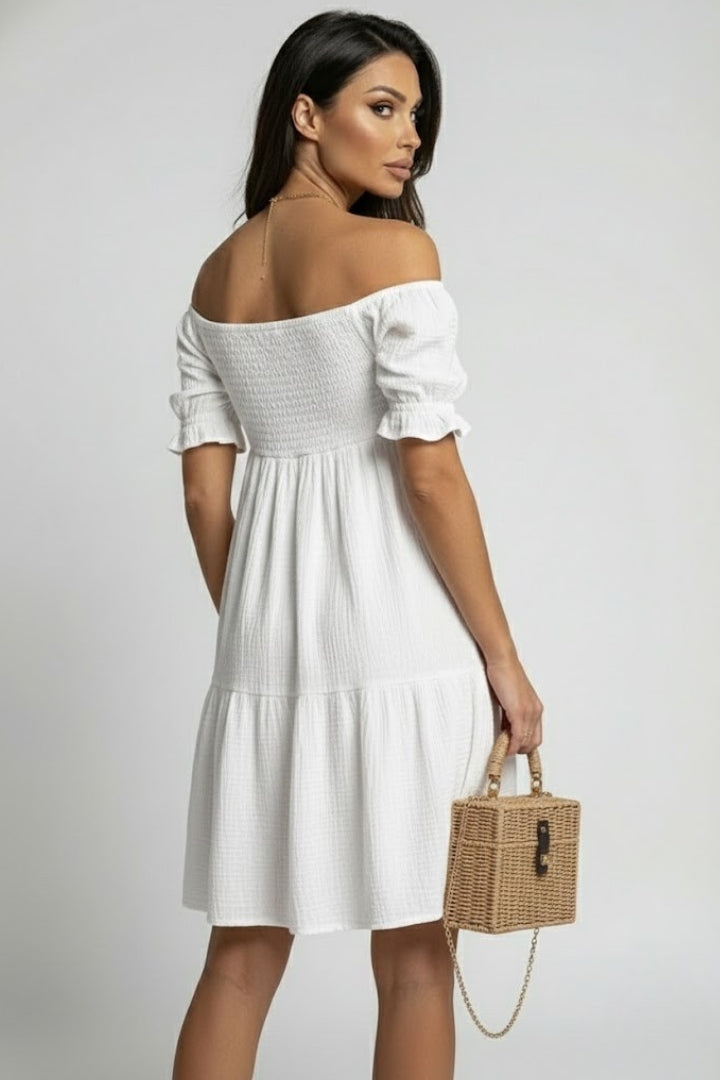Women’s Tiered Off Shoulder Dress with Long Gathered Sleeves