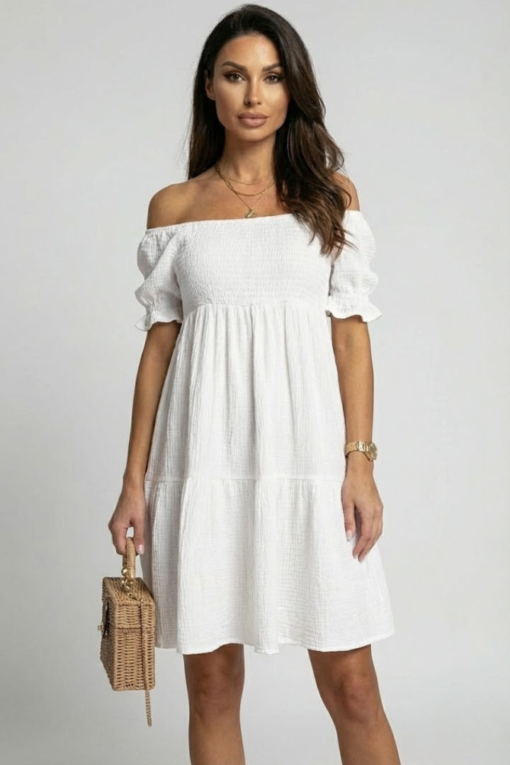 Women’s Tiered Off Shoulder Dress with Long Gathered Sleeves