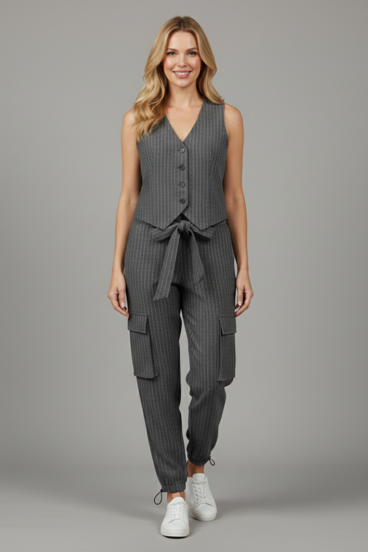 Women’s Trouser Set with Button Vest and Elastic Waist