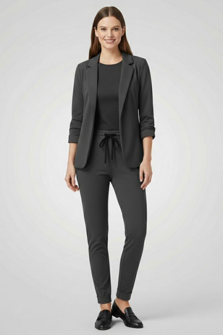 Women’s Trouser Set with Lapel Collar and Elastic Waistband